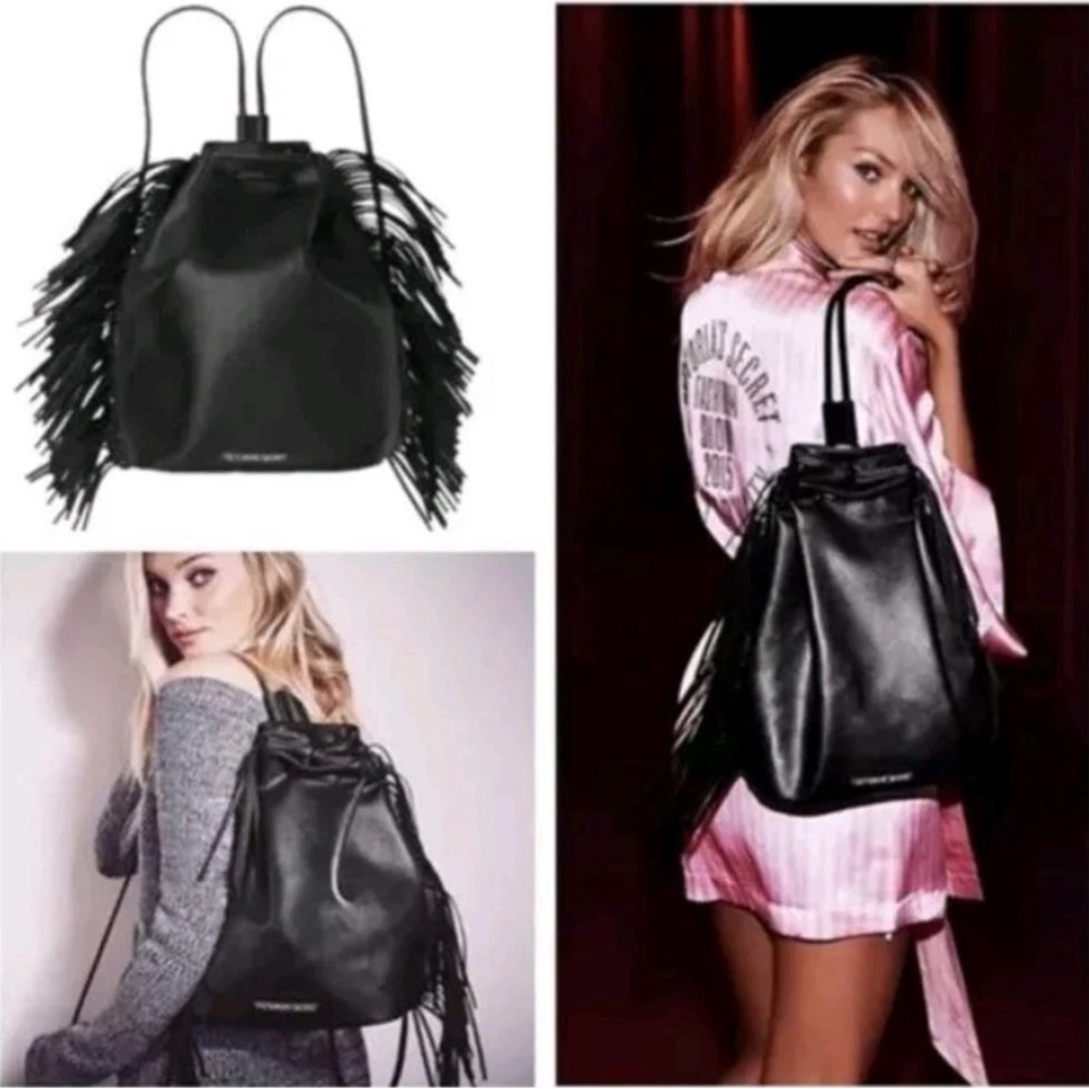 Victoria's Secret Black Faux Leather Fringe Drawstring Backpack